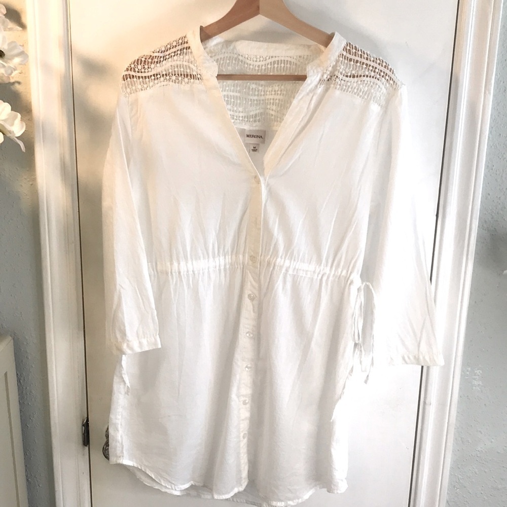Merona White Buttoned Down Crocheted Swim Cover Up Size M
